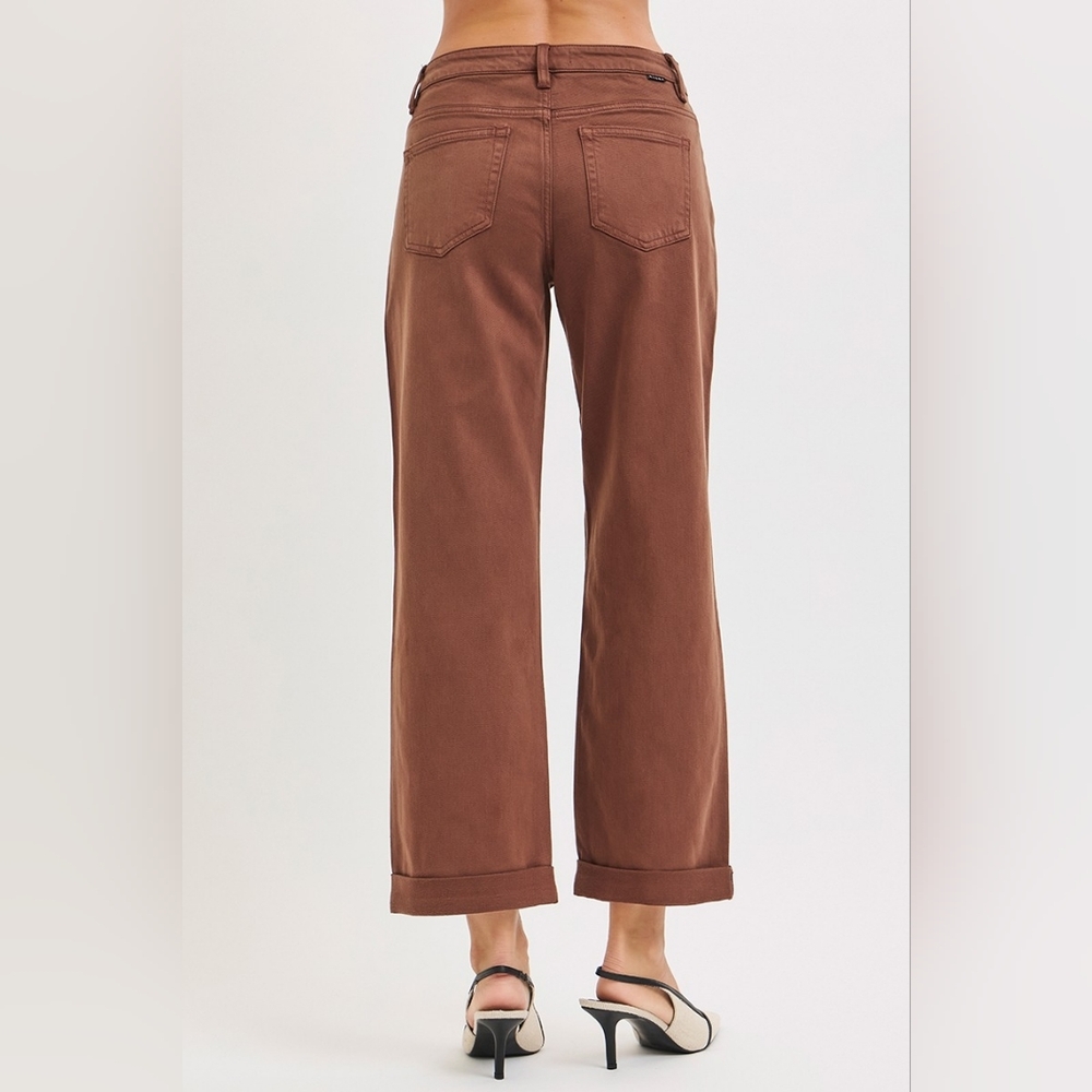 RISEN Mid-Rise Tummy Control Barrel Jeans Baggy Leg Rolled Hem Denim Pants Brown - Picture 3 of 16